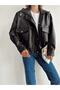 New Season Oversize Women's Leather Jacket with Pocket and Rubber Detail