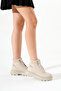 Women's Beige Leather Thick Poly Sole Elastic Ankle Lace-Up Boots - 2