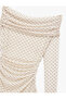 Long Sleeve Boat Neck Slim Fit Asymmetrical Cut Draped Polka Dot Mini Dress - 5