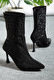 Women's Back Zippered Suede Stone Stylish Heeled Women's Boots & Boots