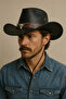 Western Style Buckle Leather Strap Detailed Cowboy Model Black Hat - 2