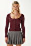 Women's Jesse U-Neck Buttoned Long Sleeve Burgundy Ribbed Cotton Blouse - 4