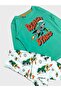 Boys' Cotton Green and White Dinosaur Patterned Seasonal Long Sleeve Pajama Set - 4