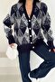 Navy Blue Diamond Pattern Pearl Stone Embroidered Button Detailed Oversize Knit Cardigan - 4