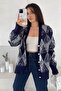 Navy Blue Diamond Pattern Pearl Stone Embroidered Button Detailed Oversize Knit Cardigan - 5