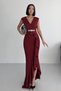 Women's Burgundy Scuba Fabric Double-Breasted Neck Ruffled Evening Graduation Wedding Dress
