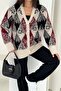 Beige Baklava Pattern Pearl Stone Embroidered Button Detailed Oversize Knit Cardigan - 4