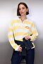 Açık Sarı Kalın Şardonsuz Polo Yaka Çizgili Nakışlı Örme Sweatshirt TWOAW26SW00062