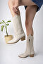 Women's Beige Leather Embroidered New Season Cowboy Boots - 3