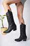 Women's Black Leather Embroidered New Season Cowboy Boots - 2