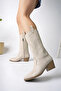 Women's Beige Leather Embroidered New Season Cowboy Boots