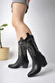 Black Leather White Embroidered New Season Women's Cowboy Boots - 2