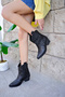 Women's Black Leather Black Embroidered Short Heeled Cowboy Boots - 3