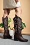 Western Women's Embroidered Brown Zippered Long Cowboy Boots - 2