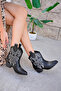 Women's Black Leather White Embroidered Short Heeled Cowboy Boots