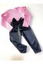 Girl's, Black Leather Bow Detailed Trousers, Pink Shoulder Ruffle Badi and Headband Set. - 6
