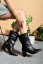 Noire Women's Black Leather Drawstring Pointed Toe Thick Heeled Boots - 2