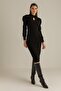 Flexible Knitwear Fabric Drop-Down, Shoulder Detailed Long Sleeve Black Dress 015