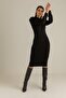 Flexible Knitwear Fabric Drop-Down, Shoulder Detailed Long Sleeve Black Dress 015 - 4