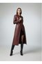 Women's Belted Lined Pocketed Long Leather Trench Coat - 7