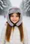 Gray Plush Fur Girl's Beret Hat with Headphones and Snap Fasteners
