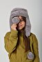 Gray Plush Fur Girl's Beanie Hat with Earmuffs and Pompom - 2