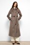 Double Breasted Long Oversized Coat with Cape Detail Latte 3087 - 6