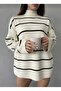 White Oversized Striped Half Fisherman Women's Knitwear Tunic Sweater - 5