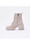 Jane Beige Zippered and Laced Leather Women's Heeled Boots - 4