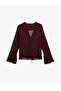 Semi-Sheer Tie-Up Detail Long Sleeve V-Neck Ruffled Chiffon Shirt - 4