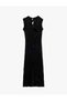 Sleeveless High Neck Long Pencil Velvet Dress with Window Detail - 5