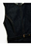 Cotton Sleeveless Crew Neck Belt Detail Mini Denim Dress - 5