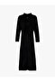High Neck Long Sleeve Slit Midi Length Velvet Dress - 6