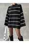 Black Oversize Striped Half Fisherman Women's Knitwear Tunic Sweater - 8