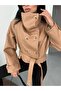 Women's Beige Belted Pocketed Stand Collar Leather Trench Coat - 2