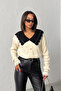 Women's Stylish Collar Detailed Buttoned Cardigan - Ecru - 3
