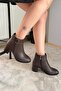 Women's Trendy Brown Square Buckle (6 cm) Heeled Oval Toe Boots