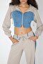 Whatsup Denim Detailed Hooded Crop Tracksuit Set - Blue-Beige - 3