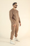 Men's Winter Fleece Lined Puff Fabric 3-Thread Crew Neck Tracksuit Set - Brown
