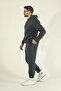Men's Winter Fleece-Lined Puff Fabric Hooded 3-Thread Side Pocket Tracksuit Set - Dark Smoked - 2