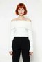 Women's Ecru Regular Fit Carmen Collar Feathered Beard Threaded Crop Knitwear Sweater Winter Season Elegance - 2