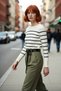 Women's Ecru Striped Crew Neck Fitted Cut Slim Knitwear Sweater Spring Autumn Chic Quality