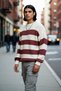 Men's Oversize Wide Fit Crew Neck Striped Acrylic Knitwear Sweater Ideal for Cold Winter Days
