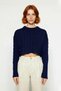 Women's Ecru Regular Fit Super Crop Hair Knit Crew Neck Long Sleeve Acrylic Knitwear Sweater Model - 2