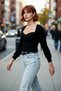 Women's Regular Fit Long Sleeve Crop Brown Heart Neck Ribbed Acrylic Knitwear Sweater Casual Chic