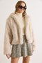 Women's Ecru Hooded Agraf Closure Short Faux Fur Coat Kbn-19000016 - 6