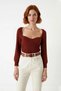 Women's Regular Fit Long Sleeve Crop Brown Heart Neck Ribbed Acrylic Knitwear Sweater Casual Chic - 2