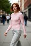 Women's Pink Fitted Knitwear Long Sleeve Basic Crew Neck Tulle Detailed Spring Autumn Sweater