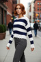 Women's Oversized Crew Neck Striped Crop Acrylic Knit Sweater with Draping Detail Comfortable Chic Quality