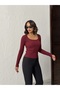 Women's Burgundy U-Neck Lace Bow Long Sleeve Cotton Camisole Blouse